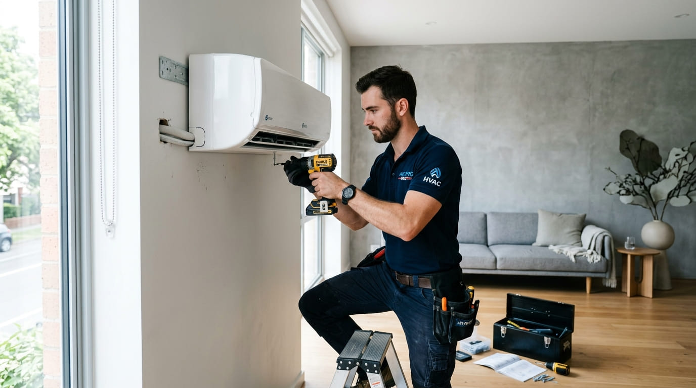 NATE-certified HVAC technician installing a mini-split system in a modern home